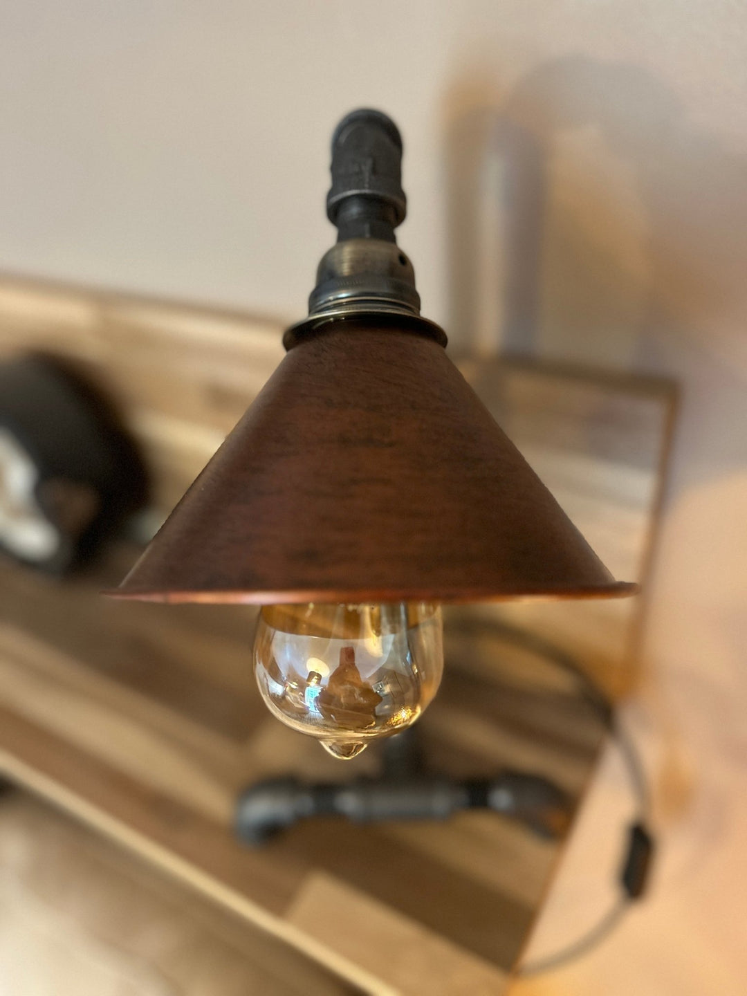 Industrial-style pipework lamp detail showing bulb and shade